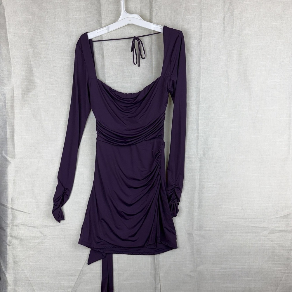 Lucy In The Sky Dress Womens Small Purple Cowl Neck Ruched Bodycon Tie Back Mini